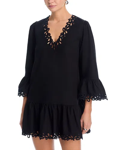 Aqua Eyelet V Neck Shirt Mini Dress - Exclusive In Black