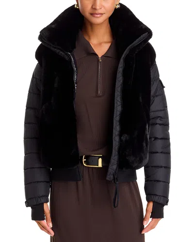 Aqua Faux Fur Mixed Media Bomber Jacket - Exclusive In Black