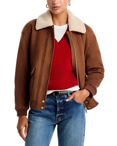 Aqua Faux Fur Trim Faux Suede Aviator Jacket - Exclusive In Brown