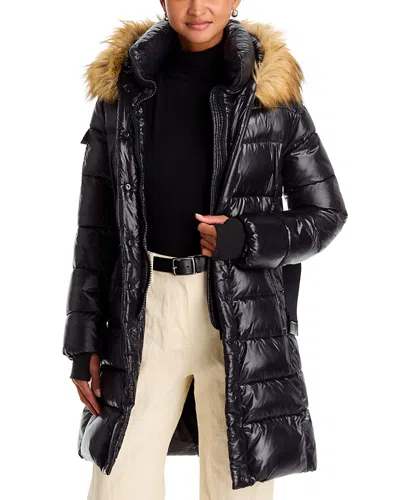 Aqua Faux Fur Trimmed Hooded Puffer Coat - Exclusive In Black