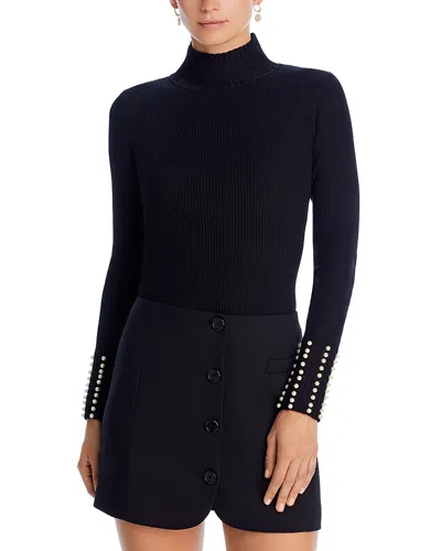Aqua Faux Pearl Cuff Rib Knit Sweater - Exclusive