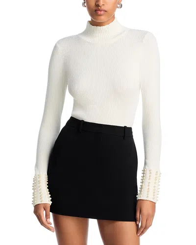 Aqua Faux Pearl Cuff Rib Knit Sweater - Exclusive In White