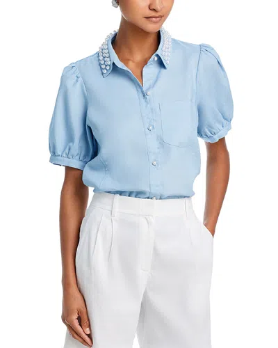 Aqua Faux Pearl Embellished Collar Top - Exclusive In Chambray