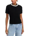 Aqua Faux Pearl Embellished Short Sleeve Sweater - Exclusive In Black