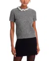 Aqua Faux Pearl Embellished Short Sleeve Sweater - Exclusive In Gray