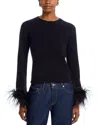 Aqua Feather Trim Cashmere Crewneck Sweater - Exclusive In Black