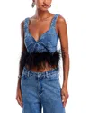 Aqua Feather Trim Denim Crop Top - Exclusive In Purple