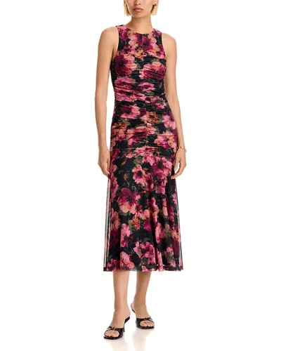 Aqua Floral Bloom Mesh Ruched Sleeveless Dress - Exclusive In Black