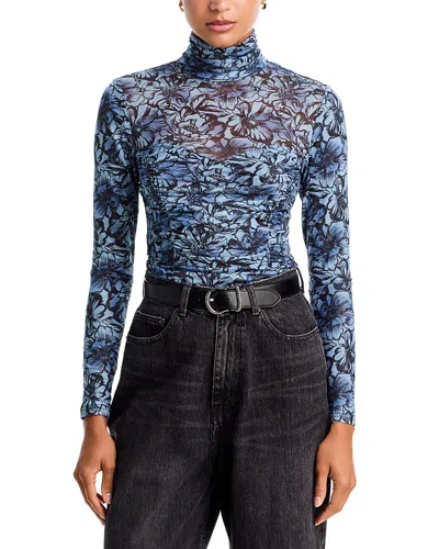 Aqua Floral Bloom Mock Neck Mesh Top - Exclusive In Purple