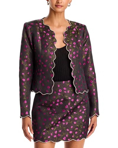 Aqua Floral Brocade Crystal Scallop Trim Jacket - Exclusive In Multi
