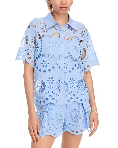 Aqua Floral Eyelet Short Sleeve Top - Exclusive In Blue