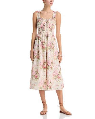 Aqua Floral Eyelet Tie Smocked Midi Dress - Exclusive In Multi