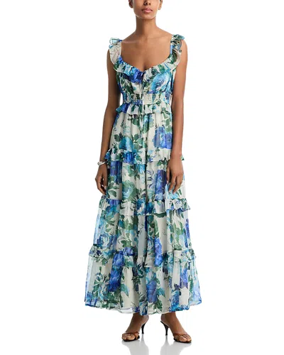 Aqua Floral Leaf Ruffle Smocked Maxi Dress - Exclusive In Blue