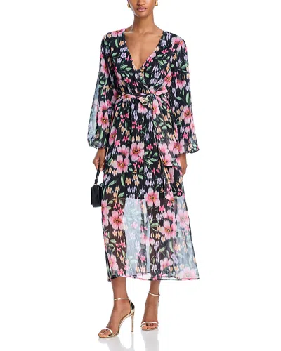 Aqua Floral Long Sleeved Tie Waist Midi Dress - Exclusive In Black Multi