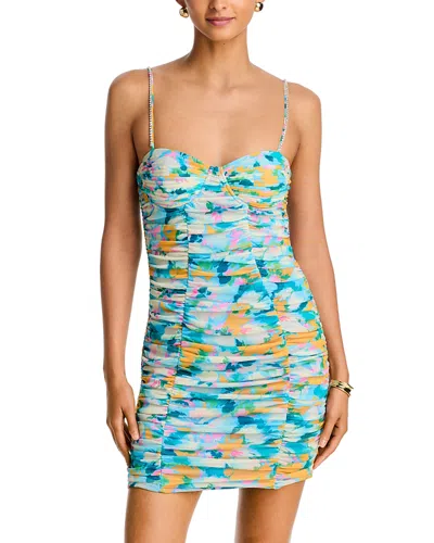 Aqua Floral Mesh Ruched Mini Dress - Exclusive In Multi