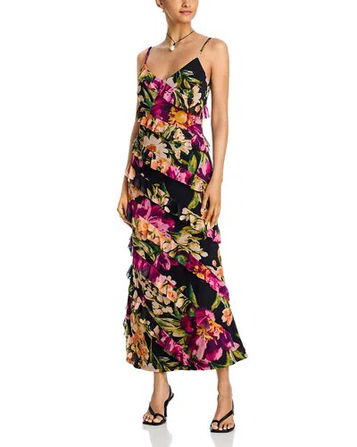 Aqua Floral Mesh Ruffle Maxi Dress - Exclusive In Black