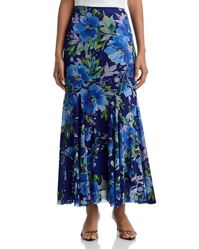 Aqua Floral Print Fishtail Mesh Maxi Skirt - Exclusive In Multi