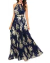 Aqua Floral Print Foil Halter Gown In Navy/gold