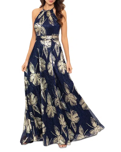 Aqua Floral Print Foil Halter Gown In Navy/gold