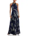 Aqua Floral Print Foil Halter Gown - Exclusive In Navy/gunmetal