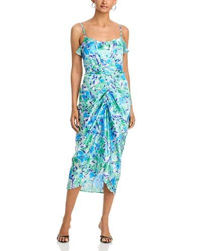 Aqua Floral Ruffle Tie Waist Midi Dress - Exclusive In Blue