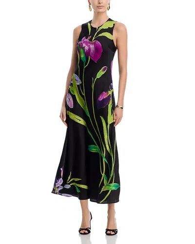 Aqua Floral Satin Midi Dress - Exclusive In Black