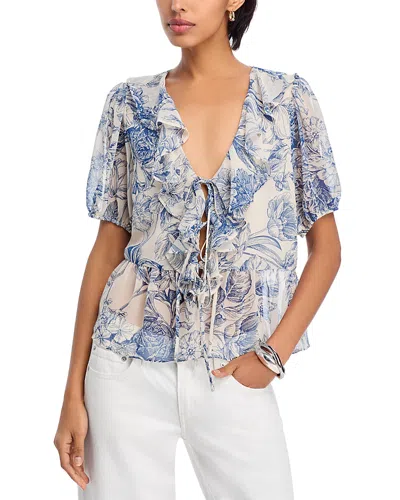Aqua Floral Toile Ruffle Short Sleeve Top - Exclusive In Blue