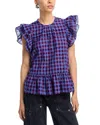 Aqua Flutter Sleeve Plaid Top - Exclusive In Blue