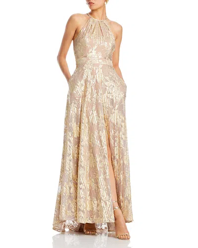 Aqua Foil Knit Halter Gown - Exclusive In White/pink/gold