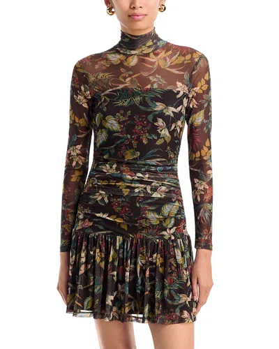 Aqua Gathered Mesh Turtleneck Mini Dress - Exclusive In Brown