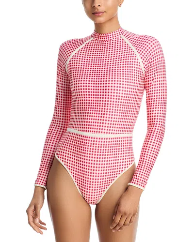 Aqua Gingham Long Sleeve One Piece Swimsuit - Exclusive In Pink