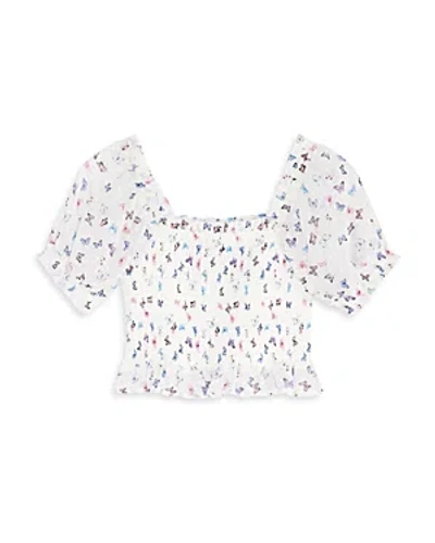 Aqua Girls' Butterfly Clip Dot Smocked Puff Sleeve Top, Little Kid, Big Kid - 100% Exclusive In White Multi