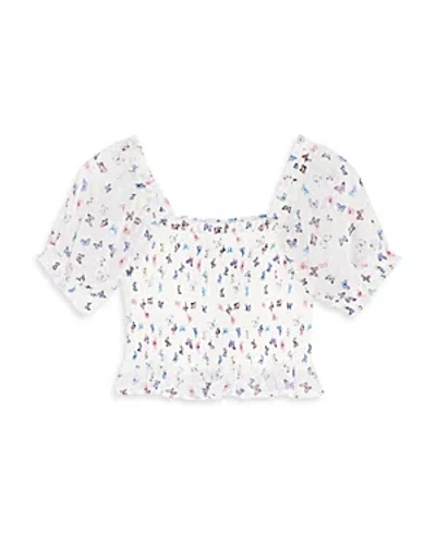 Aqua Girls' Butterfly Clip Dot Smocked Puff Sleeve Top, Little Kid, Big Kid - Exclusive In White Multi