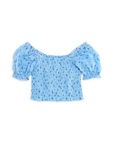 Aqua Girls' Puff Sleeved Floral Print Top, Little Kid, Big Kid - Exclusive In Blue