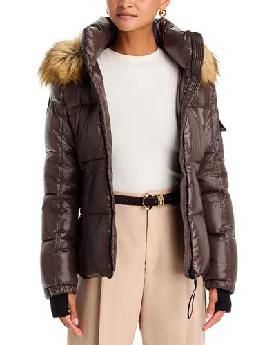 Aqua Gloss Faux Fur Trim Hooded Puffer Coat - Exclusive In Brown