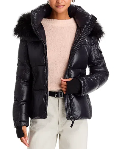 Aqua Gloss Faux Fur Trim Hooded Puffer Coat - Exclusive In Black