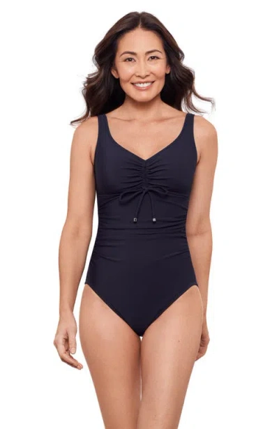Aqua Green Cinched V-neck Tummy Control Side Shirred One-piece Swimsuit In Blue