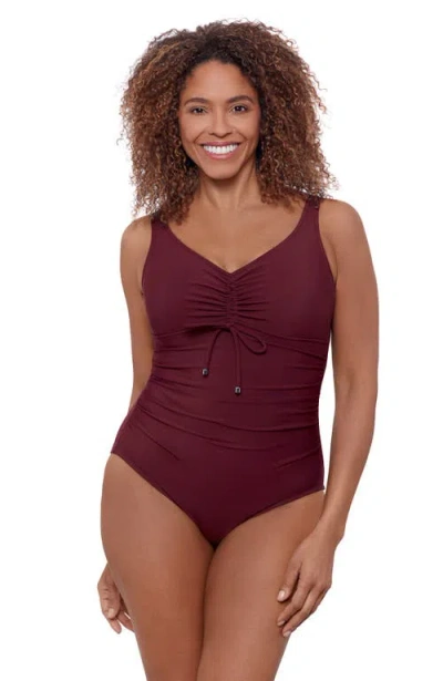Aqua Green Cinched V-neck Tummy Control Side Shirred One-piece Swimsuit In Burgundy