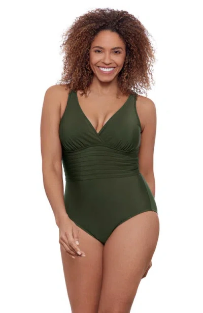 Aqua Green Full Coverage Surplice Trim Overlay V-neck One-piece Swimsuit
