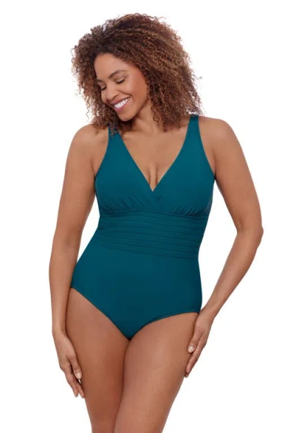 Aqua Green Full Coverage Surplice Trim Overlay V-neck One-piece Swimsuit