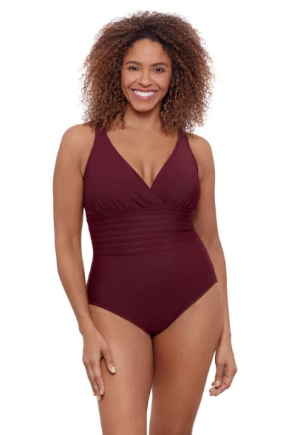 Aqua Green Full Coverage Surplice Trim Overlay V-neck One-piece Swimsuit In Burgundy
