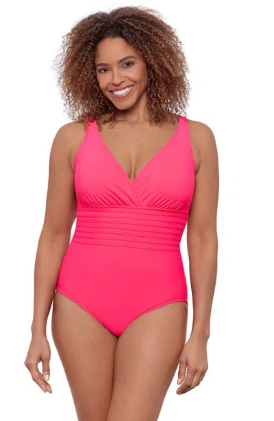 Aqua Green Full Coverage Surplice Trim Overlay V-neck One-piece Swimsuit In Pink
