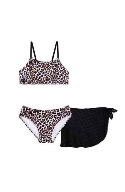 Aqua Green Kids'  Girls 3-piece Bikini Set With Crochet Sarong Coverup In Animal Print