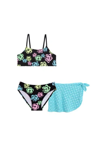 Aqua Green Kids'  Girls 3-piece Bikini Set With Crochet Sarong Coverup In Black