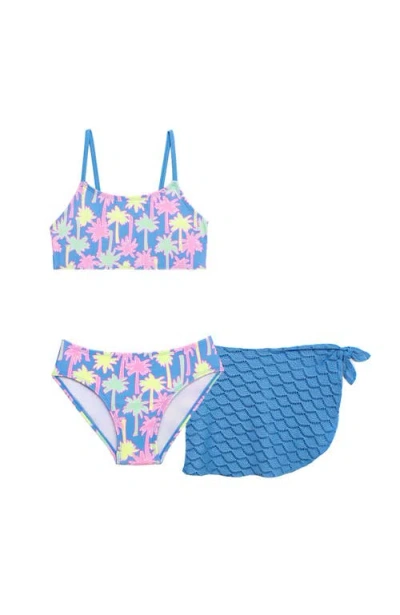 Aqua Green Kids'  Girls 3-piece Bikini Set With Crochet Sarong Coverup In Blue