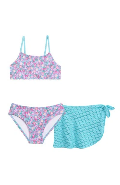Aqua Green Kids'  Girls 3-piece Bikini Set With Crochet Sarong Coverup In Multi