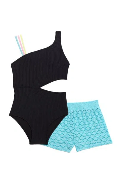 Aqua Green Kids'  Girls Strappy Cutout Ribbed One Piece Swimsuit With Crochet Short Coverup 2-piece Set In Black