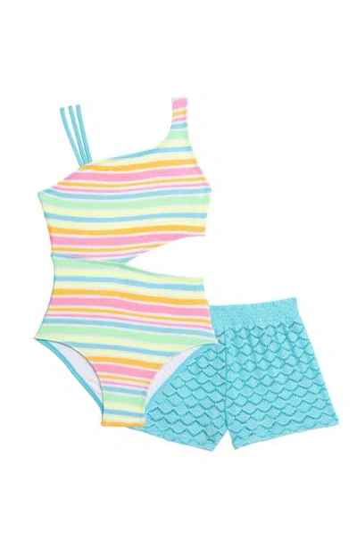 Aqua Green Kids'  Girls Strappy Cutout Ribbed One Piece Swimsuit With Crochet Short Coverup 2-piece Set In Brown