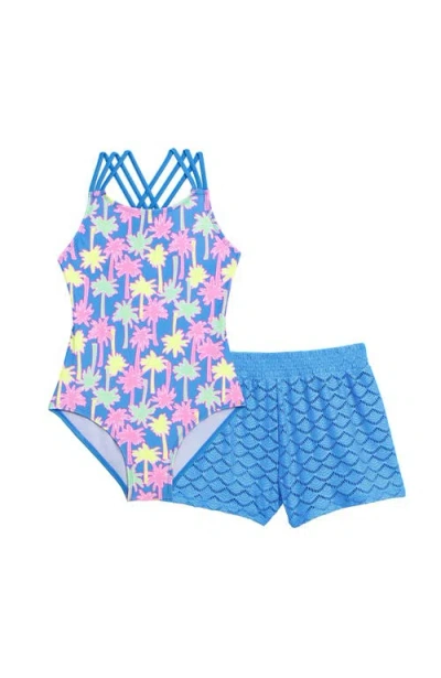 Aqua Green Kids'  Girls Strappy One Piece Swimsuit With Crochet Short Coverup 2-piece Set In Blue