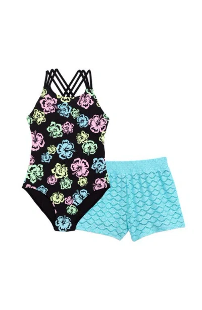 Aqua Green Kids'  Girls Strappy One Piece Swimsuit With Crochet Short Coverup 2-piece Set In Multi